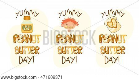 Set Of Peanut Butter Elements. Peanuts, Splash And Pancakes Drizzled With Maple Syrup