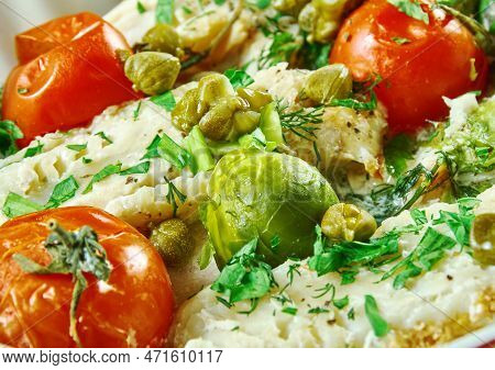 Bacalhau Cozido, One-pan Baked Cod Dish Close Up
