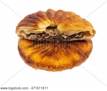 Tatar Cuisine - Whole And Cut Peremech ( Fried Pastry Stuffed With Minced Meat) Isolated On White Ba