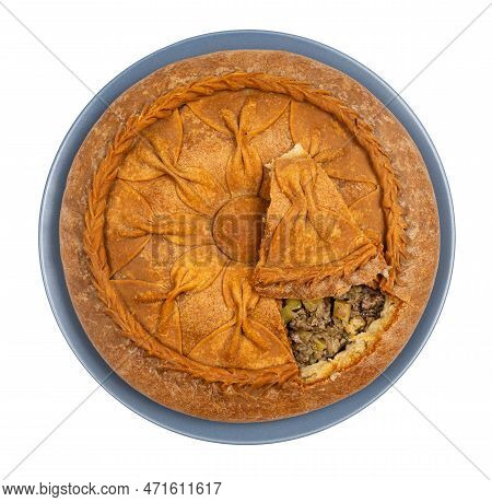 Tatar Cuisine - Above View Of Cut Zur Belish Tatar Big Pie (close Baked Pie From Unleavened Dough Wi