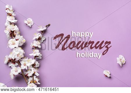 Sprigs Of The Apricot Tree With Flowers On Pink Background Text Happy Nowruz Holiday Concept Of Spri