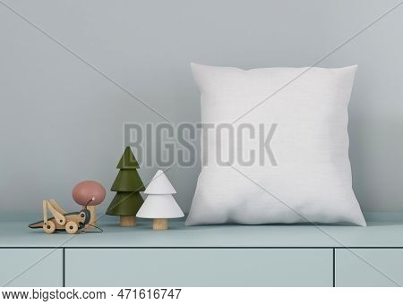 White Square Pillow In Kids Room. Blank Cushion Case Template For Your Graphic Design Presentation. 