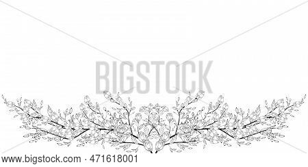A Beautiful Blooming Branch, Richly Decorated With Flowers, Buds, And Leaves. Hand Drawing.