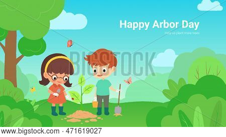 Banner For Arbor Day Decoration. Vector Cute Illustration With Two Kids Planting Seedling In Forest 