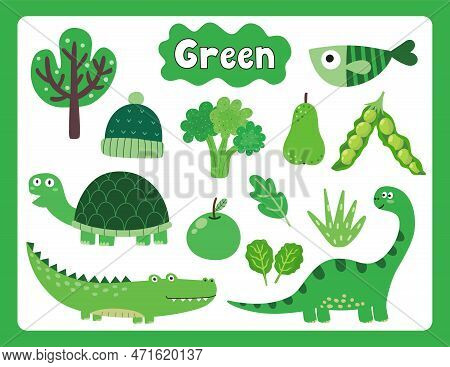 Set Of Green Color Objects. Primary Colors Flashcard With Green Elements