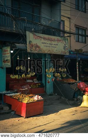 Kathmandu, Nepal, 04 23 2022: Bananas Hanging In A Store