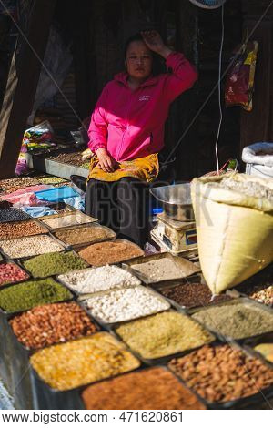 Kathmandu, Nepal, 04 23 2022: Spices In A Booth At Kathmandu Bazaar
