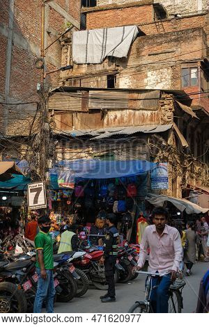 Kathmandu, Nepal, 04 23 2022: Kathamandu Bazaar Street Scene With Multiple People