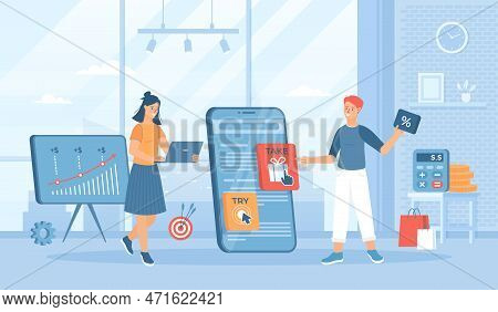 Rich Media Ads. Digital Advertising. Interactive Animation On The Phone Screen, Active Pop-up Banner