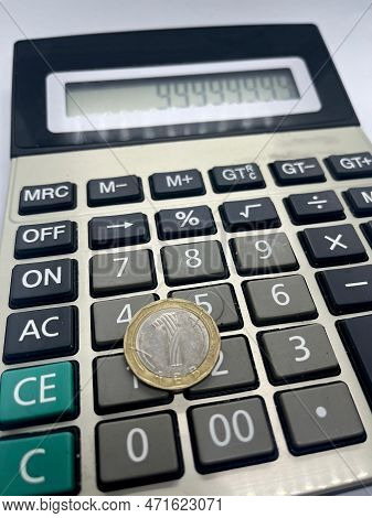 Close-up Of One Lev Bgn Coin On A Calculator. Bulgarian Currency