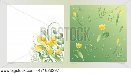 Spring Delicate Tulips And Grass Decor. For Greetings, Frames, Invitations, Backgrounds, Web, For Ed
