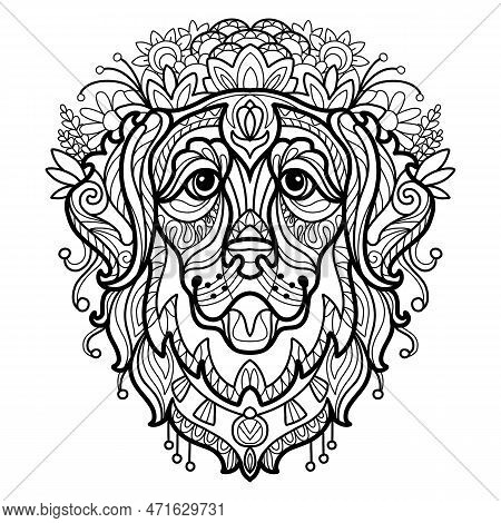 Abstract Dog With Decorative Ornaments And Doodle Elements. Close Up Golden Retrieverdog Head. Vecto