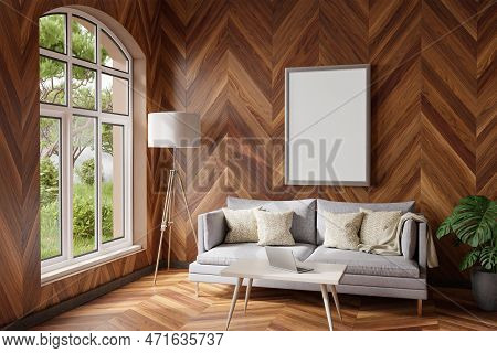 Cozy Living Room Interior In Room Corner; Sunlight Shining Trough Window; Floorlamp And Couch Table 