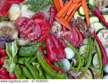 Variety Of Bright Cut Fresh Vegetables. Green Pepper, Red Pepper, Mushroom, Shiitake, Potatoes, Carr