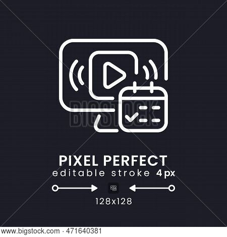 Watch Event White Linear Desktop Icon On Black. Pre-recorded Broadcast. Streaming Service Feature. P