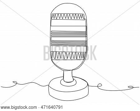 Round Studio Microphone In One Line On A White Background. The Concept Of Audio Podcast, Stream, Stu
