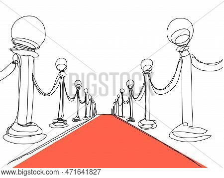 Red Carpet One Line On A White Background. Award Ceremony And Avenue Of Stars In Conceptual Style. S