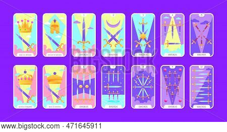Tarot Cards Flat Deck Cartoon. Taro Card Minor Arcanas Suit Of Swords, Occult Vector Game Set. Full 