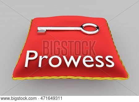 3d Illustration Of Prowess Title On Red Velvet Pillow Near A Silver Key, Isolated Over Gray Backgrou