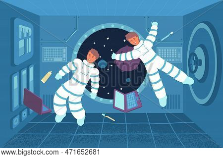 Astronaut Weightlessness Flat Composition With View Of Two Cosmonauts Floating Inside Spacecraft Wit