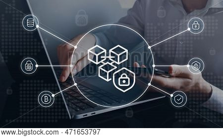 Blockchain Security Closeup Concept Image With White Glyph Icons. Three-quarter View Photo Of Man Do