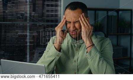 Unhealthy Tired African American Man Feeling Headache Suffering From Chronic Migraine Exhausted Sick