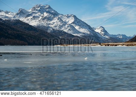 Silvaplana, Switzerland, February 21, 2023 Incredible Winter Panorama With A View Over The Frozen La