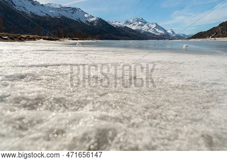 Silvaplana, Switzerland, February 21, 2023 Incredible Winter Panorama With A View Over The Frozen La