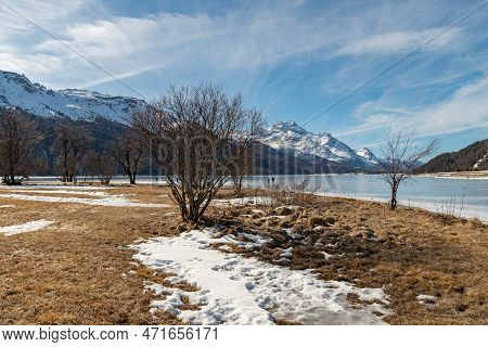 Silvaplana, Switzerland, February 21, 2023 Incredible Winter Panorama With A View Over The Frozen La