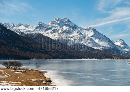 Silvaplana, Switzerland, February 21, 2023 Incredible Winter Panorama With A View Over The Frozen La