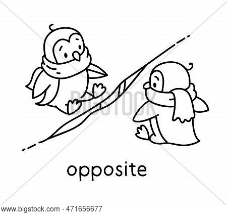 Preposition Of Movement. Two Penguins Are Sitting Opposite Each Other