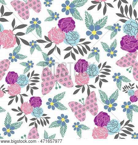 Seamless Vector Abstract Roses And Green Leaves Pattern On White Background.