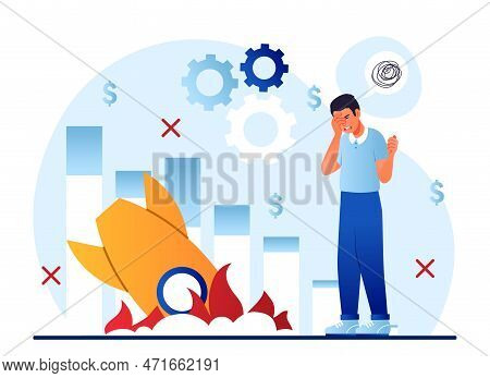 Economic Crisis Concept. Man Sadly Looks At Fallen Rocket. Unsuccessful Entrepreneur, Failed Start U