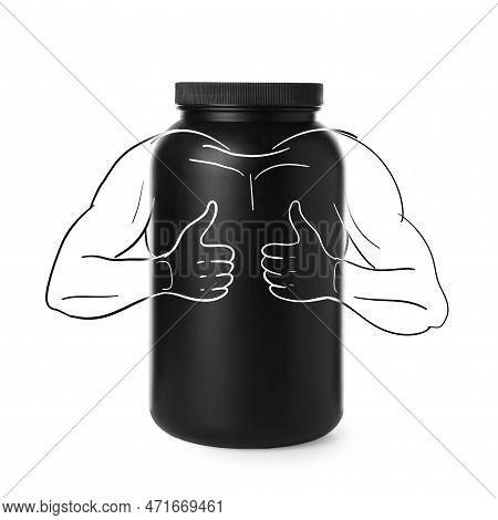 Black Jar Of Protein Powder With Illustration Of Bodybuilder Showing Thumbs Up Gesture On White Back