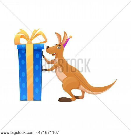 Cartoon Kangaroo Character With Present Box. Isolated Funny Vector Wallaroo Wear Festive Hat With Hu