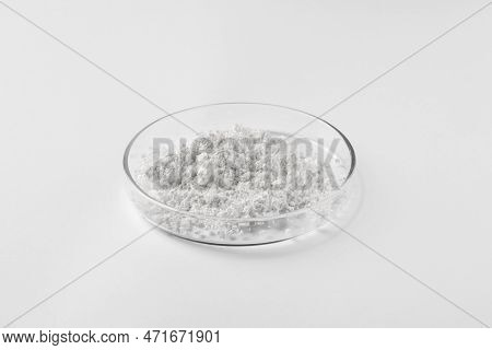 Petri Dish With Calcium Carbonate Powder On White Background