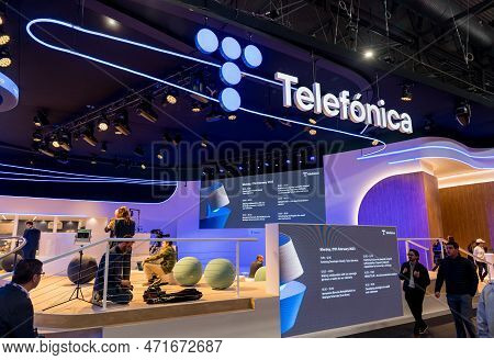 Barcelona , Spain - February 27 2023: Mobile World Congress 2023 In Barcelona. Booth Or Stand Of Tel