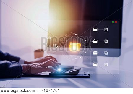 Document Management System Concept, Business Man Holding Folder And Document Icon Software, Searchin