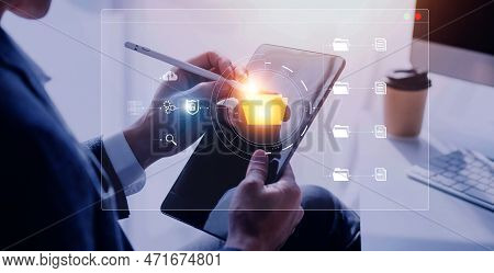 Document Management System Concept, Business Man Holding Folder And Document Icon Software, Searchin