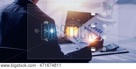 Document Management System Concept, Business Man Holding Folder And Document Icon Software, Searchin