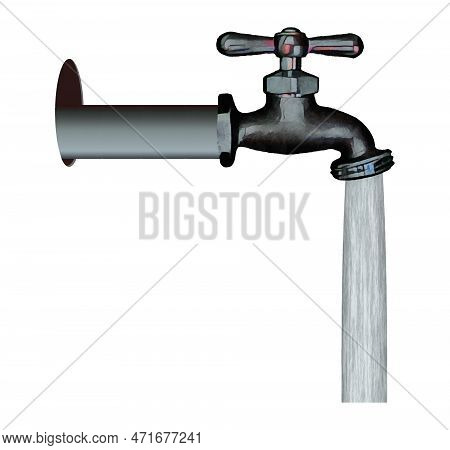 Water Streams From An Old Water Faucet In A 3-d Illustration