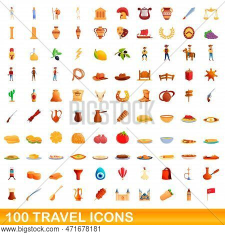 100 Travel Icons Set. Cartoon Illustration Of 100 Travel Icons Set Isolated On White Background