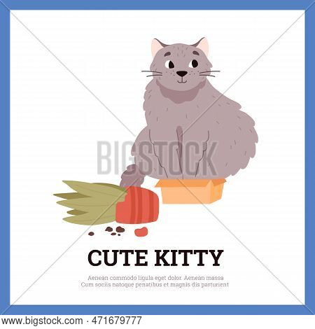 Naughty Cat Broke Flower Pot And Sits In Cardboard Box, Poster Template, Cartoon Flat Vector Illustr