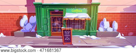 Coffee Shop Exterior In Winter. Vector Cartoon Illustration Of City Cafe Facade Decorated With Color