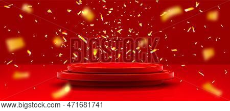 Red Podium And Golden Confetti Flying In Air. Vector Realistic Illustration Of Round 3d Platform For