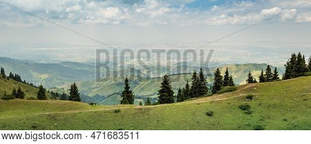 Panoramic View Of The City Of Almaty From The Tops Of The Almaty Mountains. Tourist Natural Places O
