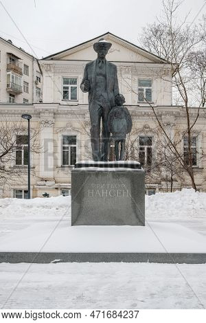 Moscow. Russia. February 25, 2023. Monument To Fridtjof Nansen In Moscow On A Winter Day.
