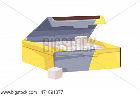 Refined Beet Sugar Cube Pieces, Blocks In Carton Box, Open Package. Sweet Food Ingredient, Lumps Pac