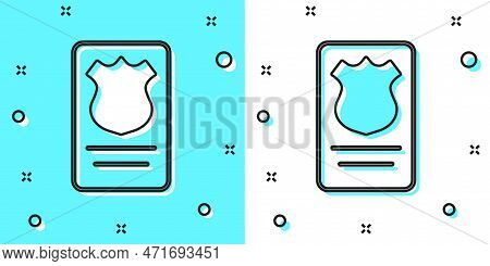 Black Line Police Badge With Id Case Icon Isolated On Green And White Background. Random Dynamic Sha