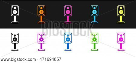 Set Stereo Speaker Icon Isolated On Black And White Background. Sound System Speakers. Music Icon. M